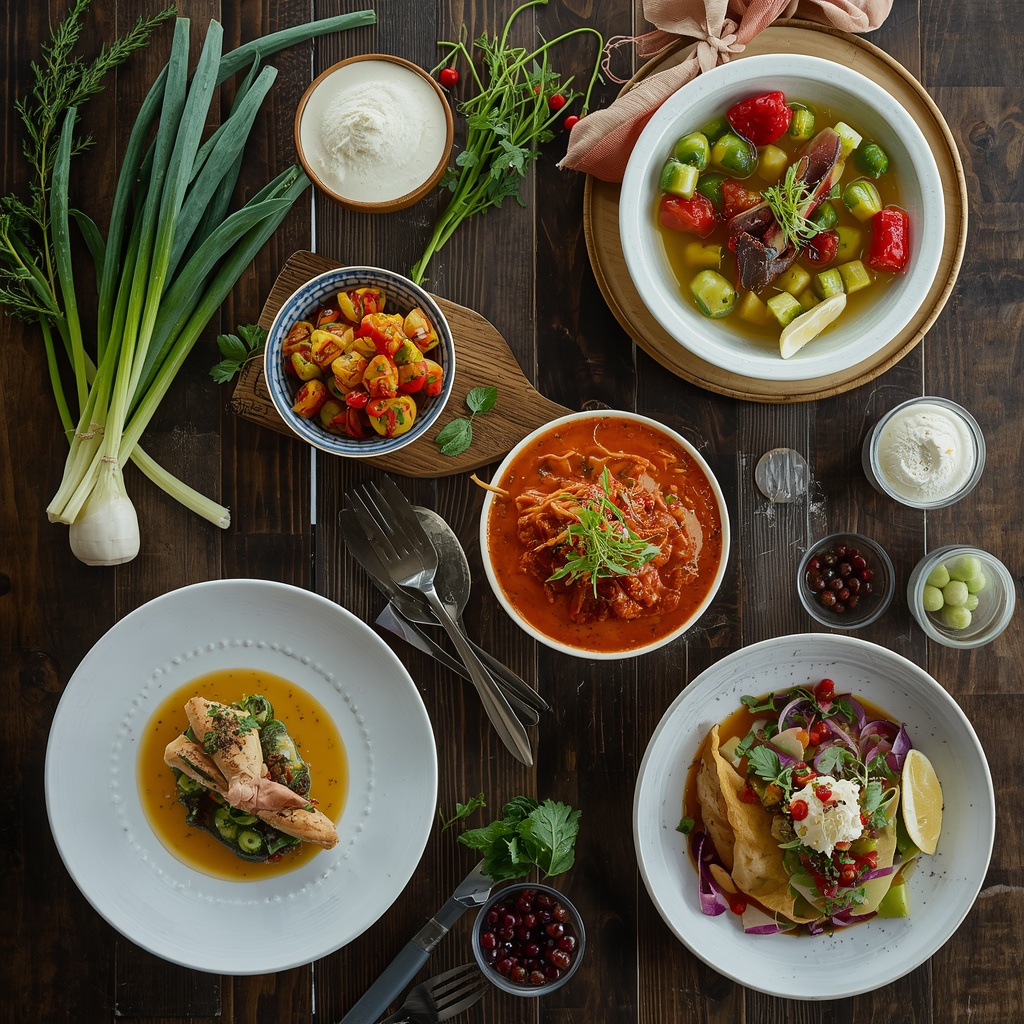 Fresh ingredients and gourmet dishes arranged on a rustic wooden table with natural lighting, professional food photography, top-down view