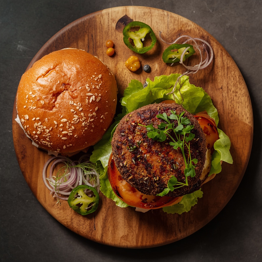 Gourmet burger with fresh ingredients on a wooden board, overhead shot, vibrant natural lighting, culinary presentation