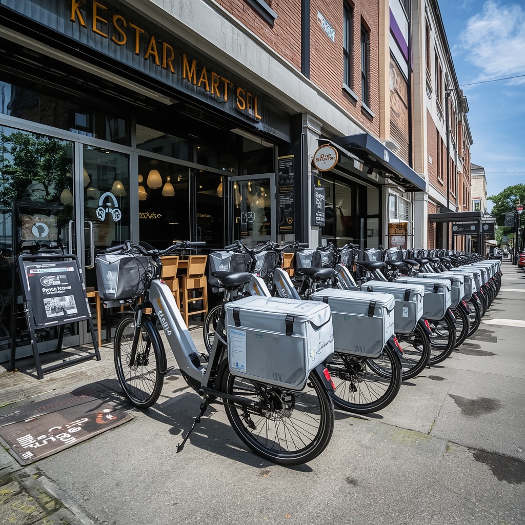 Electric bicycles with insulated delivery bags lined up outside a modern restaurant, urban street scene, sunny day, wide angle shot